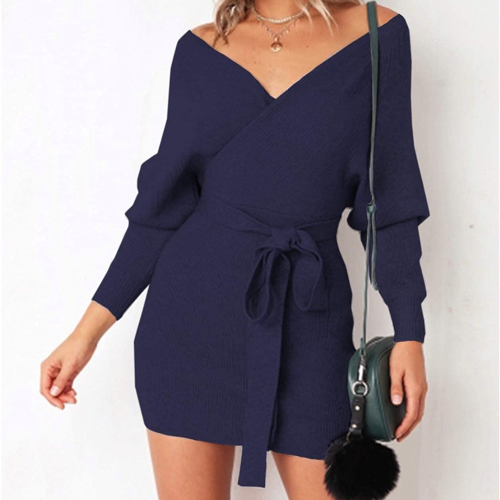 Off-Shoulder Navy Mini Dress with Waist Tie